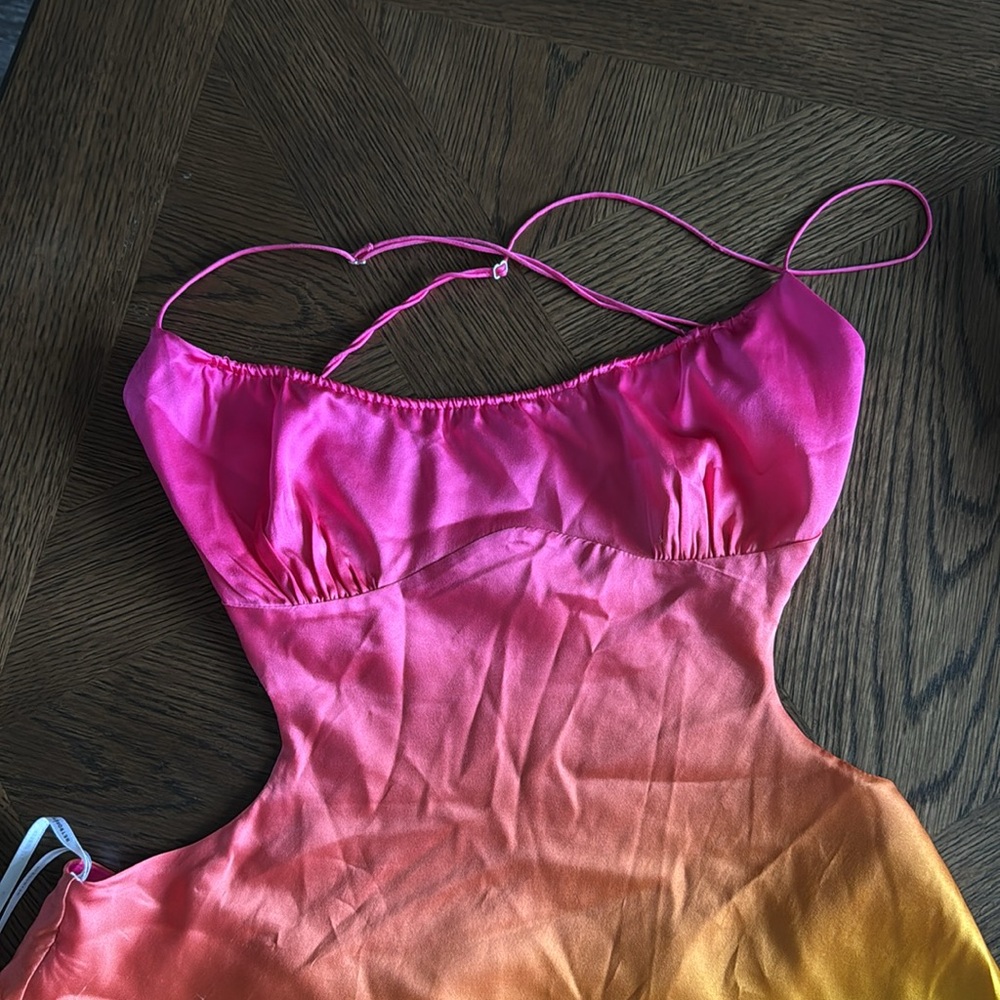 Retrofete One-Shoulder Ombre Satin Mini Dress in Pink-Orange-Green - Picture 7 of 12